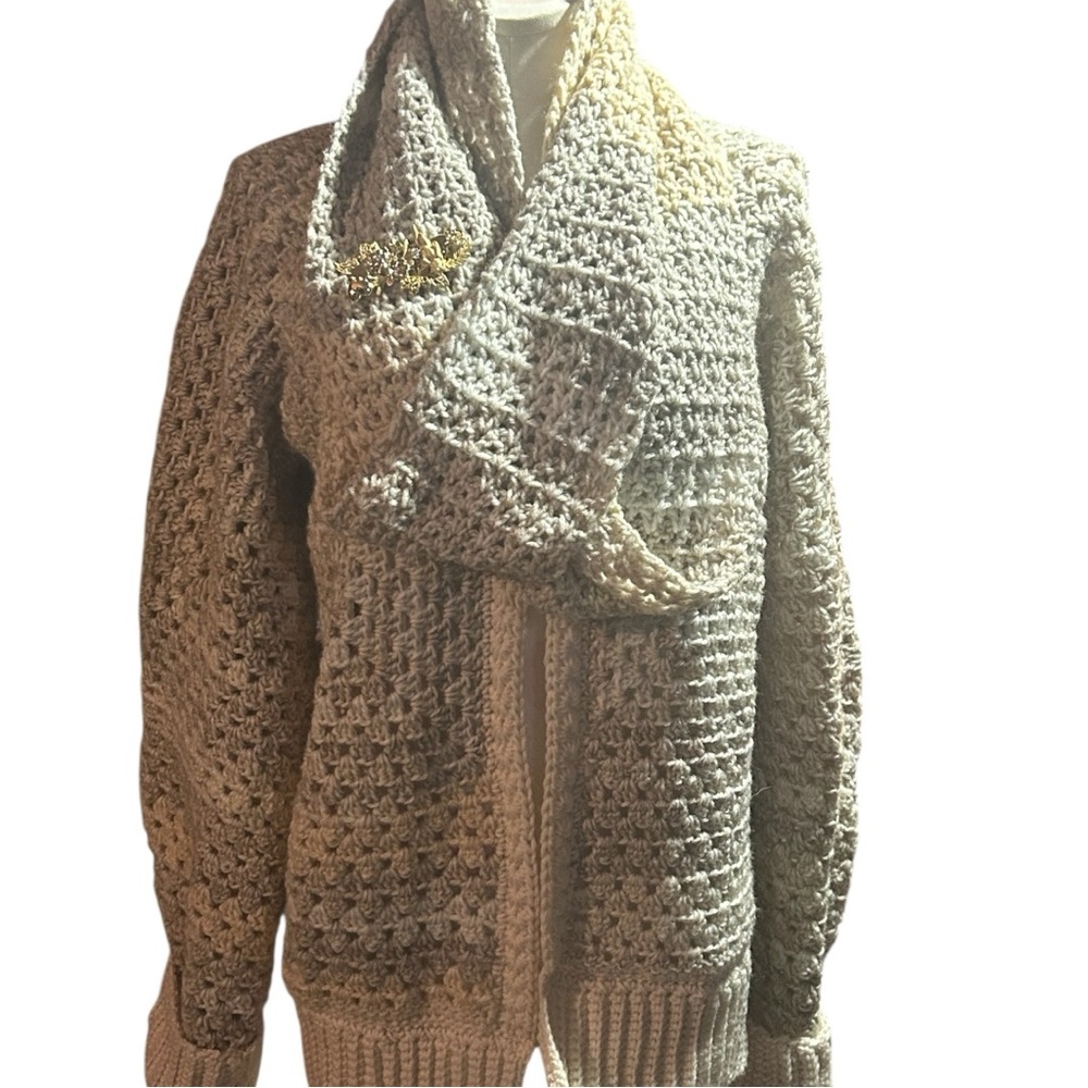 Cozy Crochet Sweater in Variegated Cream with infinity scarf and brooch - Picture 2 of 7